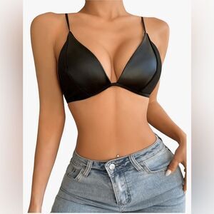NWT - Women's Faux Leather Push Up Bra Spaghetti Strap Underwire -black -  Large